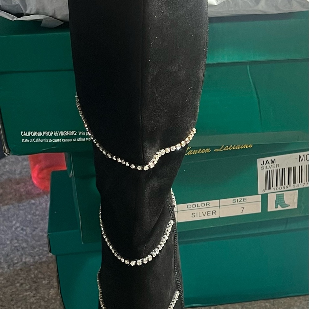 NIB Lauren Lorraine Black Heeled Boots with Silver Rhinestones